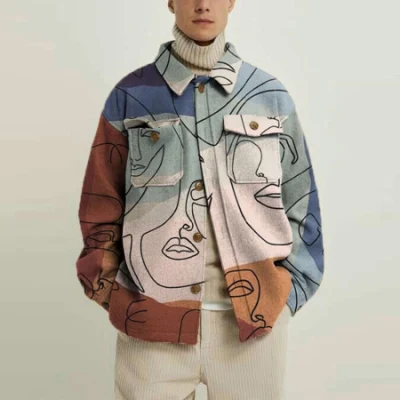 Повседневная куртка с геометрическим узором и цифровым принтом, однобортное пальто с лацканами для мужчин